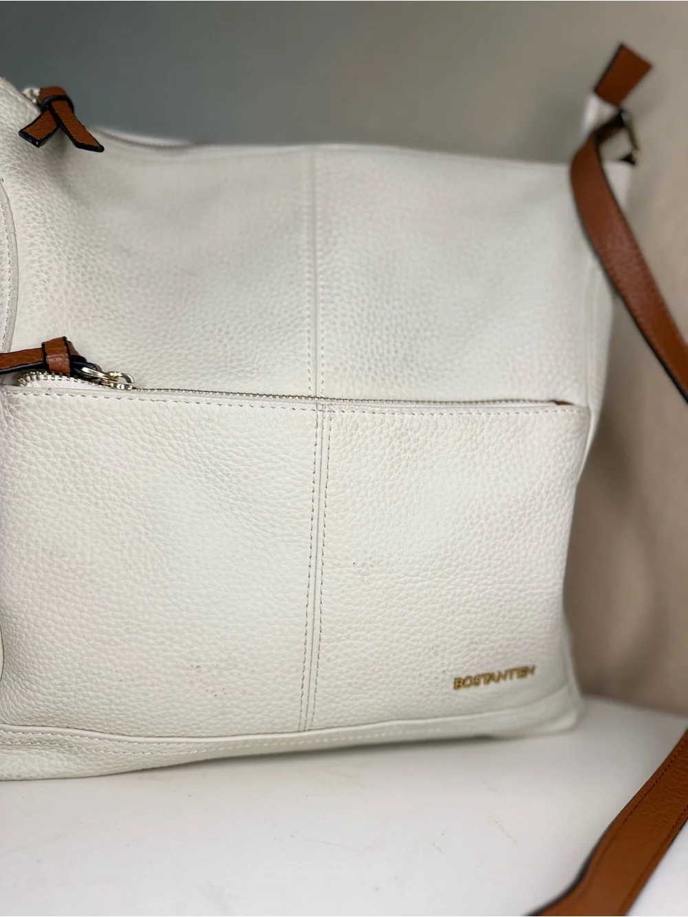 Bostanten Cream White Hobo Crossbody Bag Cognac Brown Gold Hardware Pebbled Bag.